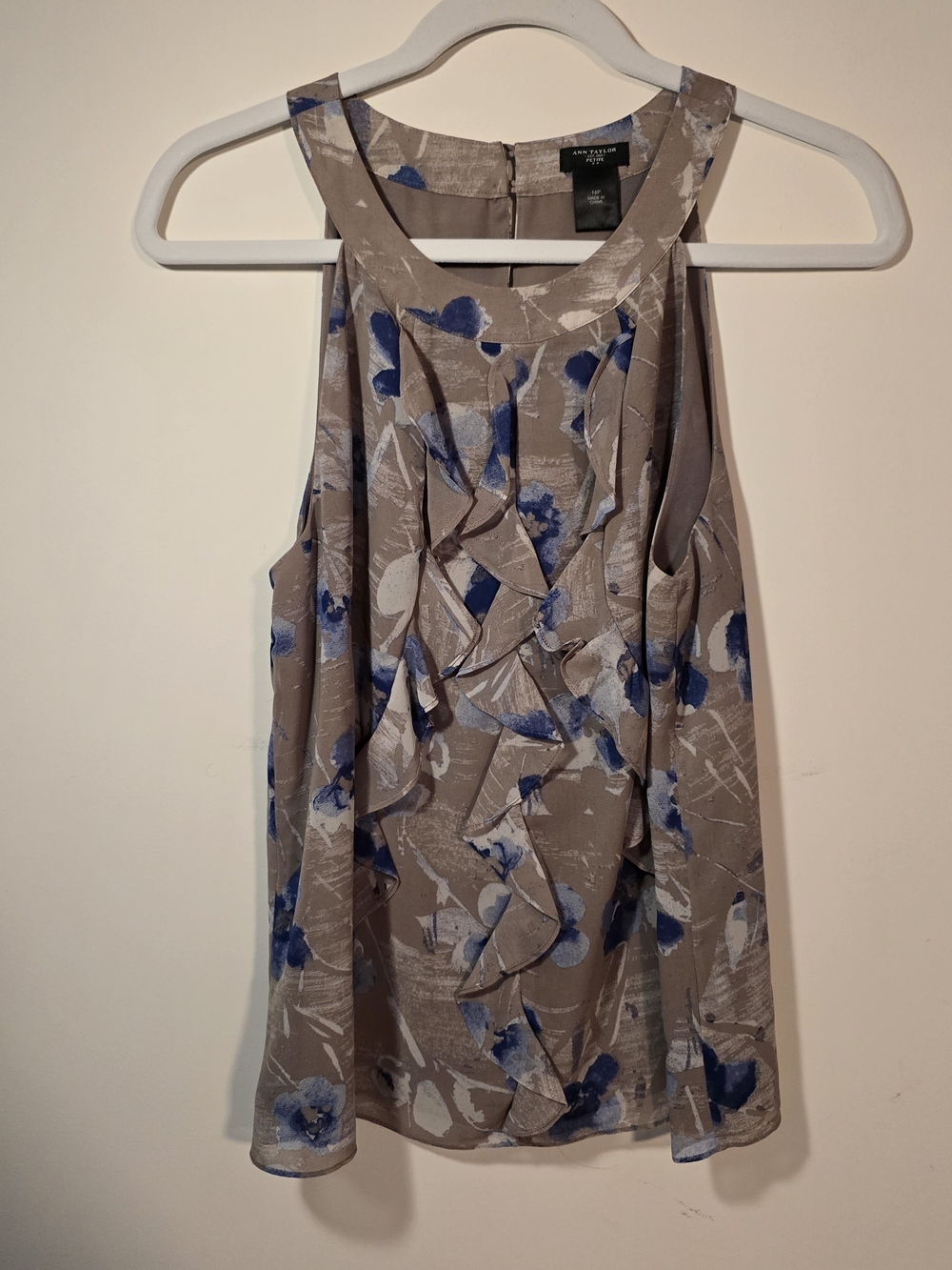 Ann Taylor Floral Ruffle Sleeveless Blouse -  Petite 14P Taupe with Blue Floral